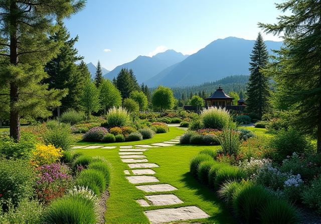 The same acreage with mature trees, flower beds, and a vegetable garden.