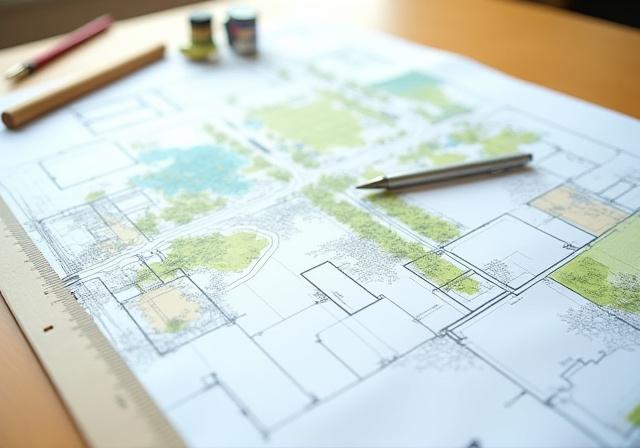 A detailed landscape design blueprint on a wooden table.